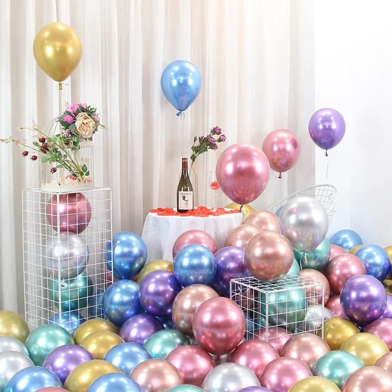 Close-up reflective finish of metallic and chrome latex balloons