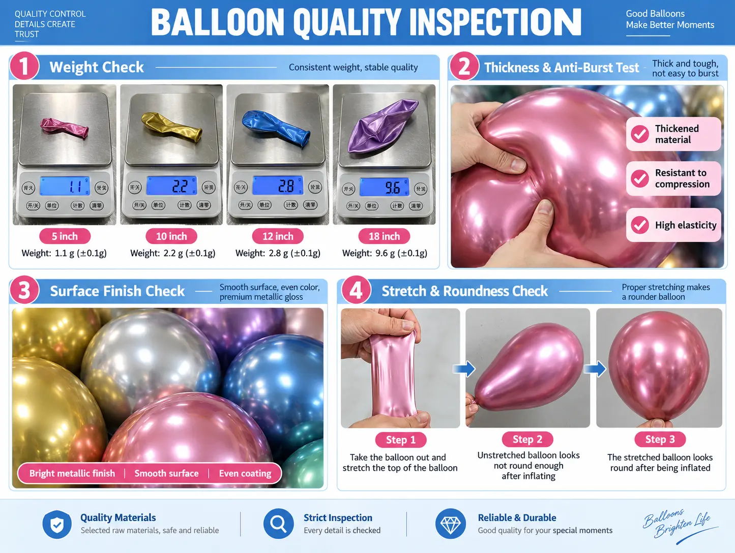 Borun worker inspecting metallic latex balloons during batch quality control