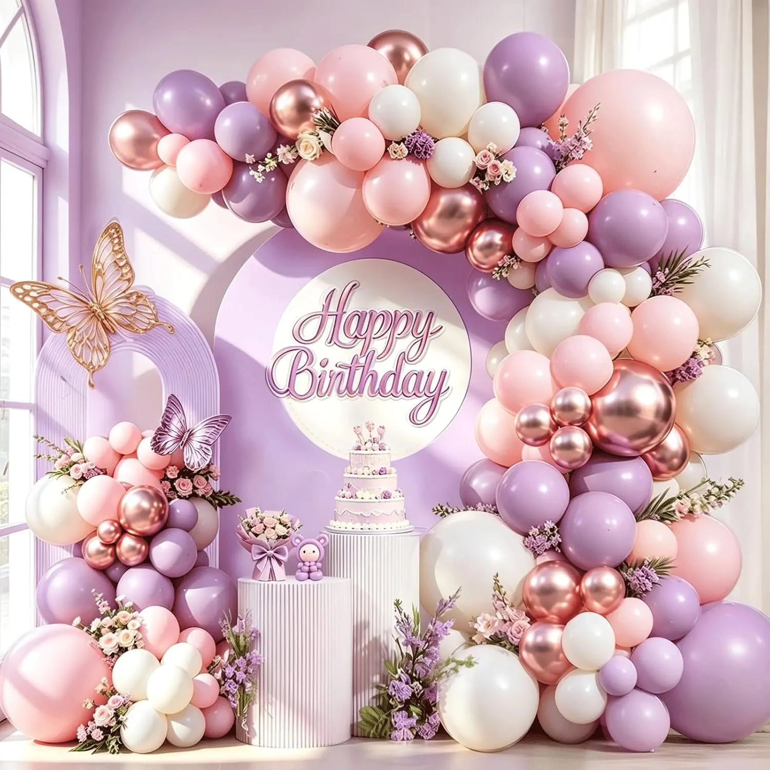 ပန်းရောင် ခရမ်းရောင် အဖြူရောင် Balloon Garland Arch Kit